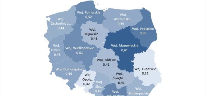 Wskaźnik liczby księgarń na 10 000 mieszkańców w województwach Polski