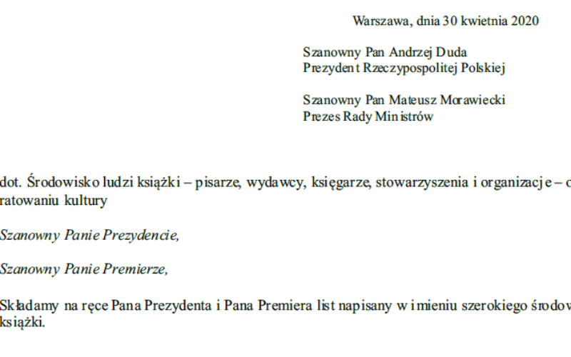 Pismo środowiska ludzi książki do pana prezydenta Andrzeja Dudy i pana premiera Mateusza Morawieckiego