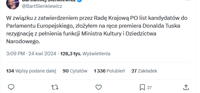 Minister Bartłomiej Sienkiewicz złożył dymisję