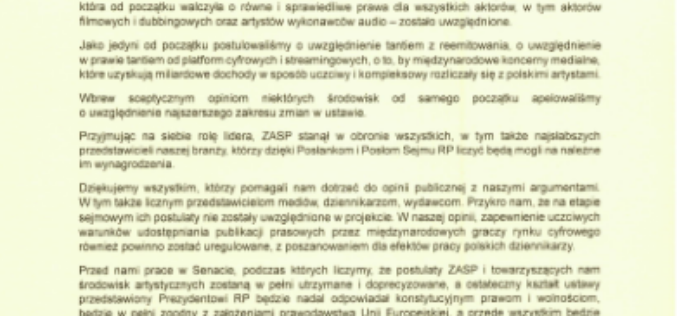 Komunikat ZASP w sprawie głosowania w Sejmie nad ustawą o prawie autorskim i prawach pokrewnych