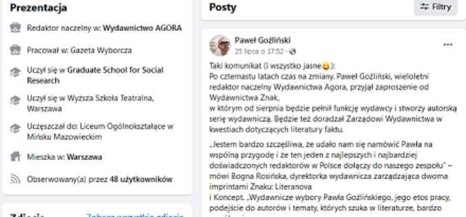 Paweł Goźliński przechodzi z Wydawnictwa Agora do Znaku